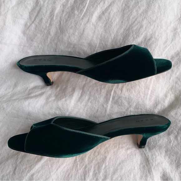 Doen Callie Velvet Peep Toe Mule Kitten Heels Shoes Evergreen Green - Picture 7 of 12